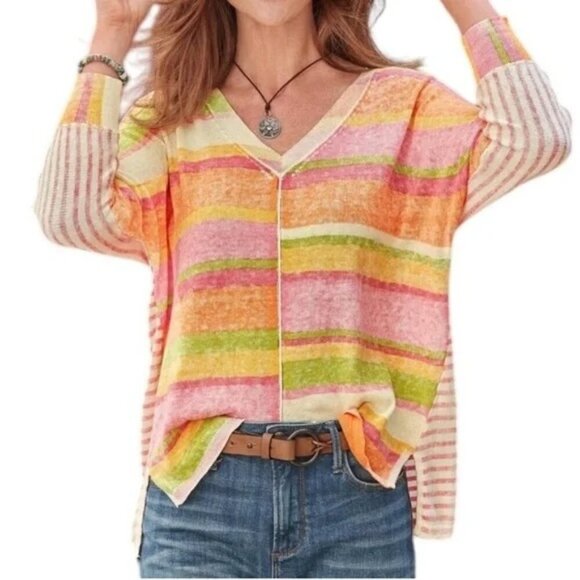 Sundance Johanna V Neck Pastel Striped Sweater Ladies Size XL - Picture 2 of 9